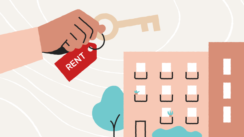 graphic with calculator, plant, and tips for first time renters